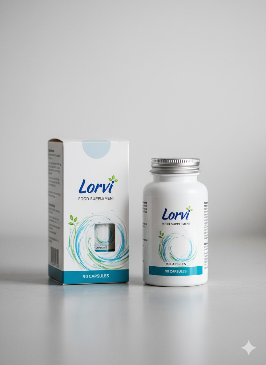 Lorvi food supplement bottle and carton on a neutral tabletop